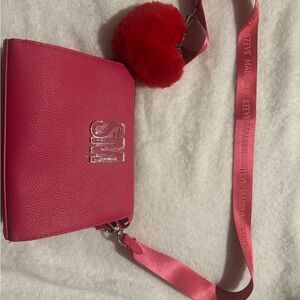 Steve Madden Fuchsia Crossbody Bag with Red Pom-Pom